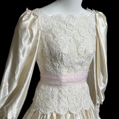HOUSE of BIANCHI, vintage 1970s wedding dress, romantic boho white silk satin poet sleeve bridal gown