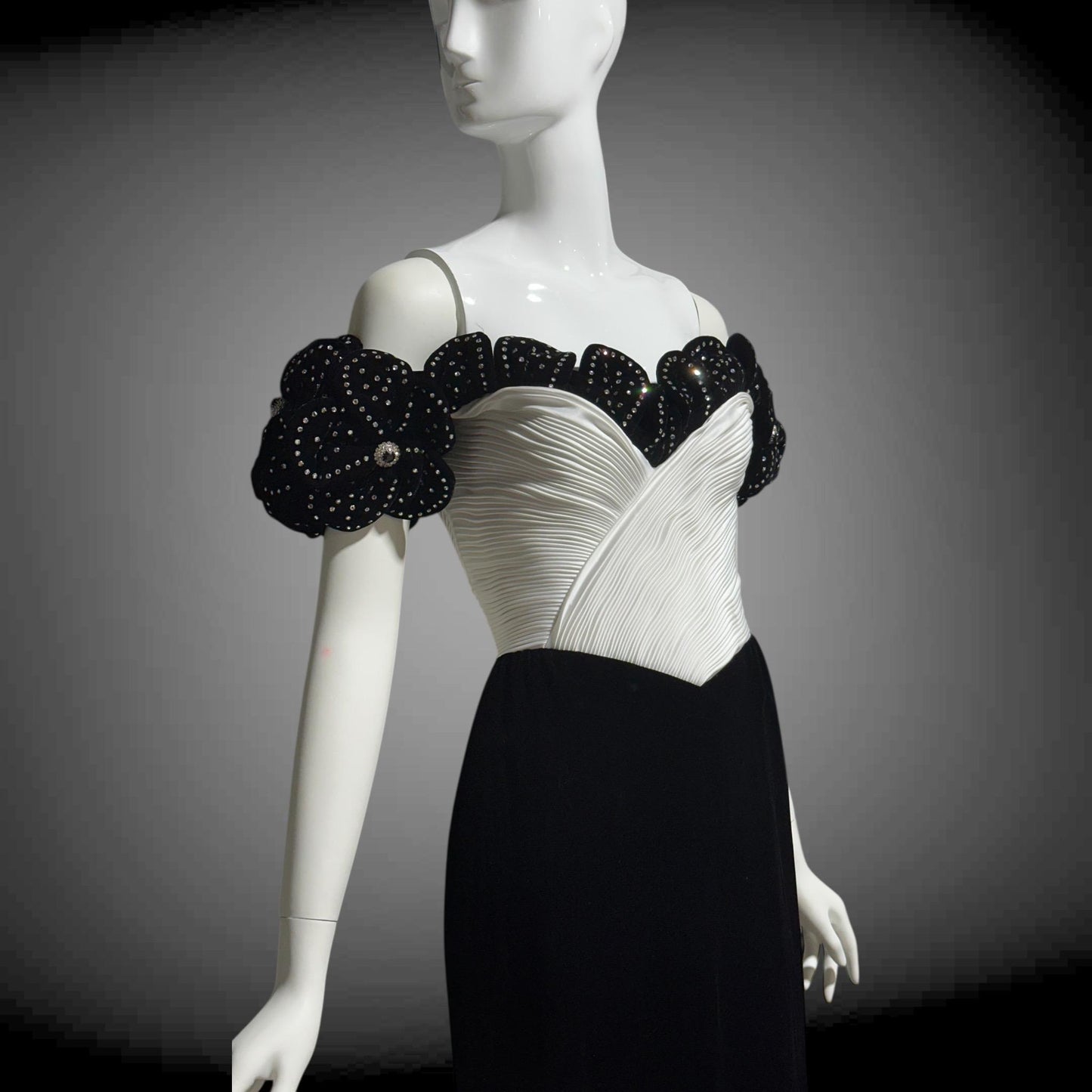 1980s Vintage evening dress gown,  Black Velvet White Plisse and Rhinestones off shoulder gown