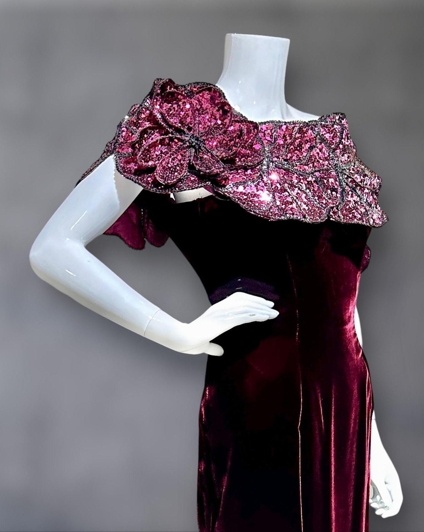 EUGENE ALEXANDER 1980s vintage evening gown, burgundy velvet sheath dress, HUGE Sequin Flowers