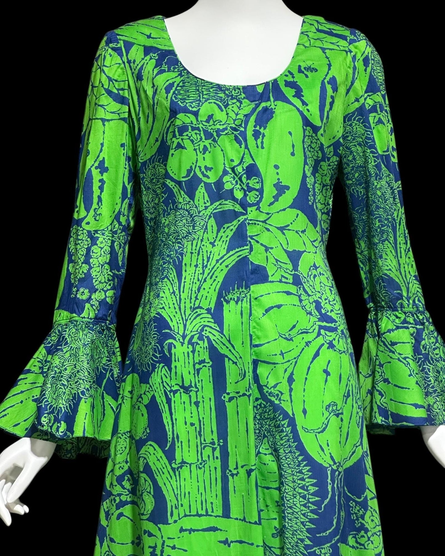 DESIGN THAI BANGKOK, vintage 1960s maxi party dress, Kelly Green and blue floral cotton dress