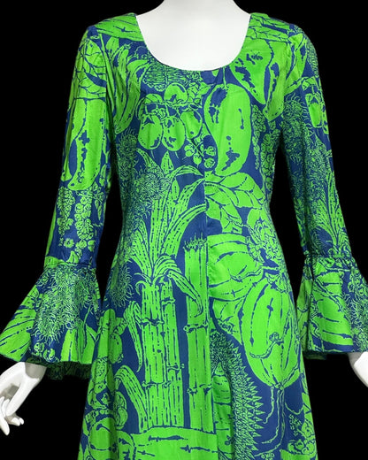 DESIGN THAI BANGKOK, vintage 1960s maxi party dress, Kelly Green and blue floral cotton dress