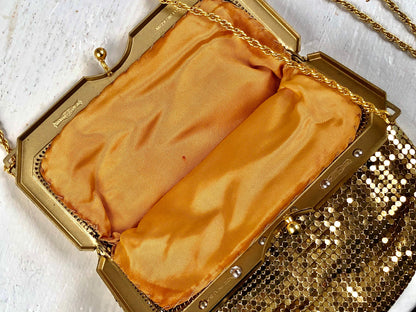 WHITING & DAVIS vintage 1960s mesh bag purse, gold mesh dance evening bag