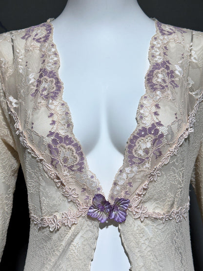 CLAIRE PETTIBONE, wedding coat robe, sheer nylon lace high low dressing gown