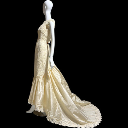 1980s Custom Made vintage wedding dress, dated 1989, Cream lace beads silk mermaid gown