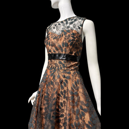 1950s vintage evening party dress, black lace fit flare cocktail dress, Medium