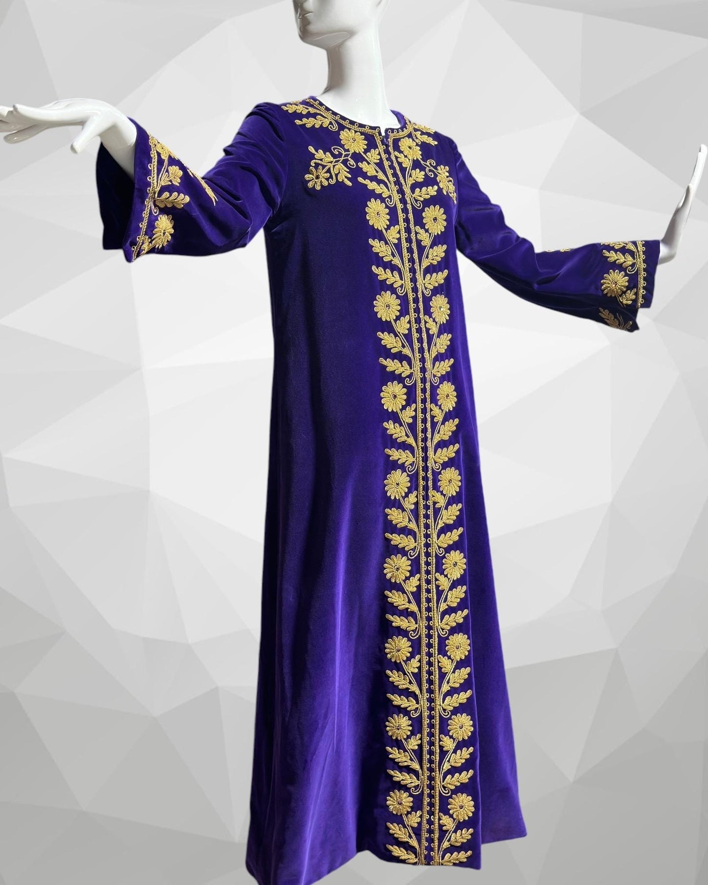 MALOUF Perfect Negligee, I. MAGNIN, 1960s vintage caftan dress, Royal Purple velvet and gold metallic & rhinestones Kaftan