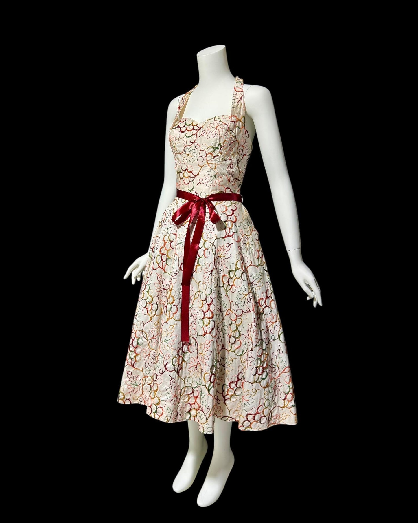 ALIX OF MIAMI, vintage 1950s Halter Sundress, cotton pinup dress with embroidery