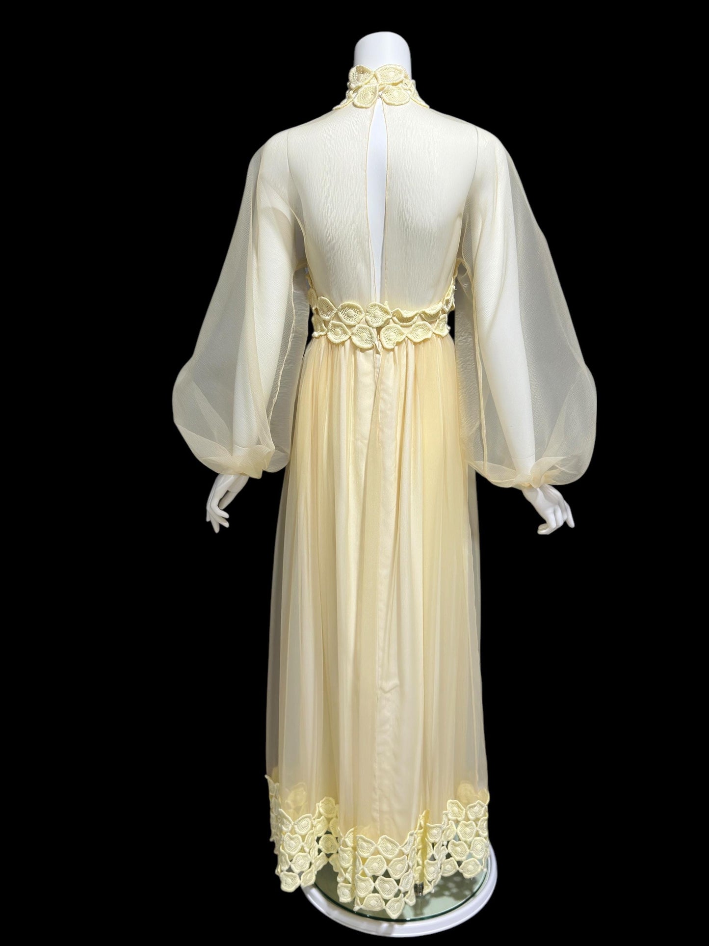 CYRELD PARIS, vintage 1970s chiffon evening dress, WERLE Beverly Hills, pale yellow sheer bishop sleeve dress