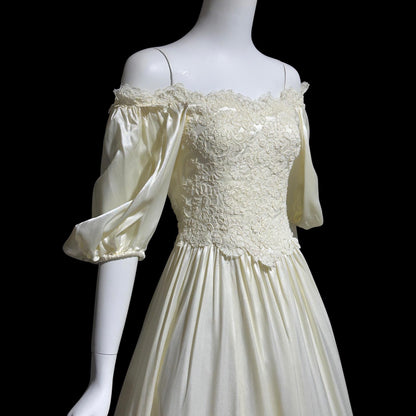 1960s vintage wedding dress, Off shoulder Juliet style bridal gown