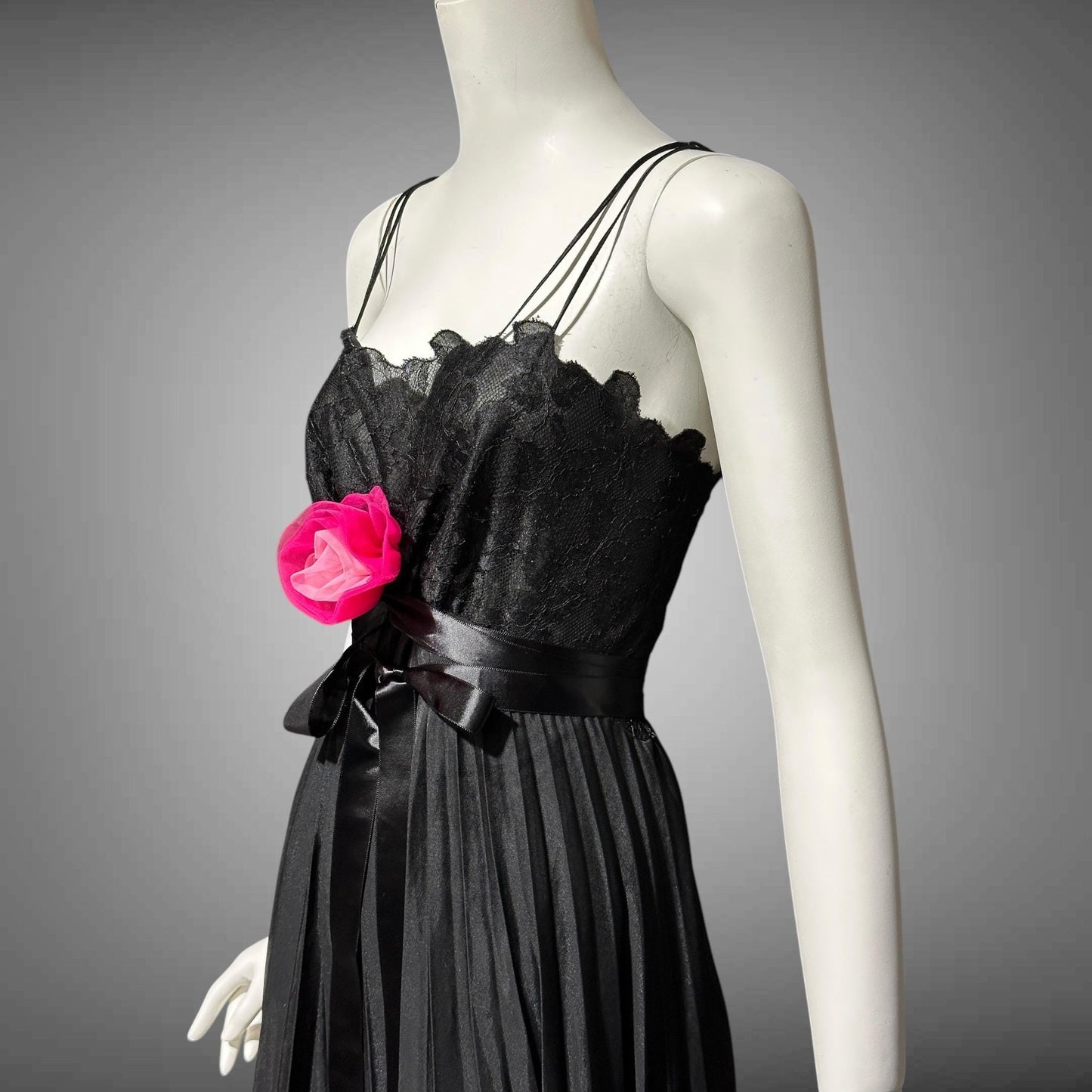 VANITY FAIR, vintage 1950s nightgown slip dress, Black sheer chiffon full pleated night dress, rosette Grecian goddess gown