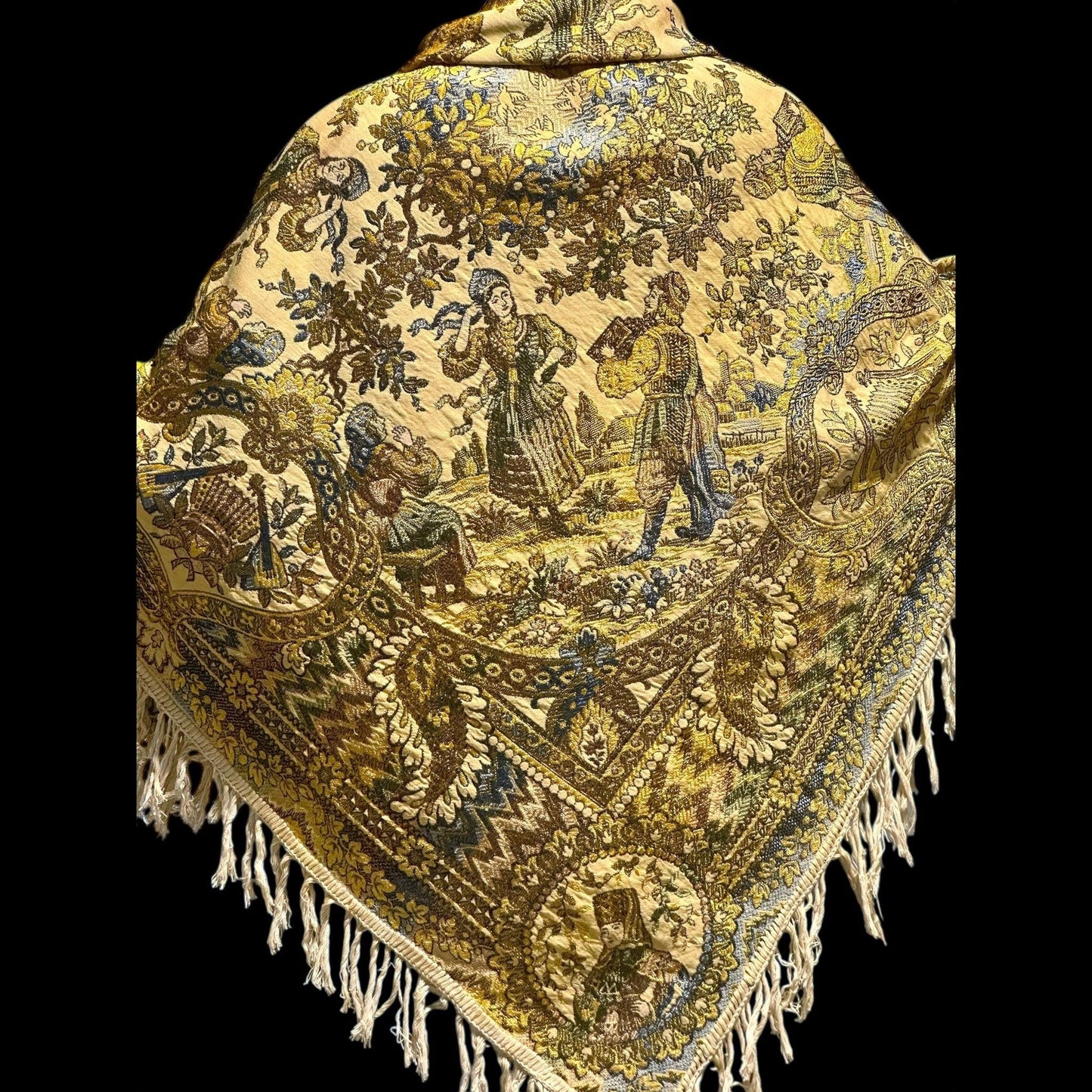 1800s Antique Vintage Silk Tapestry, Victorian Russian fringed jacquard shawl, Tablecloth or Wrap