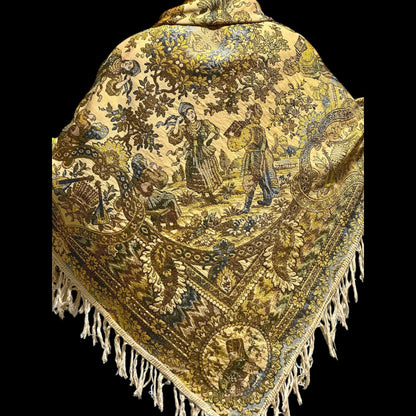 1800s Antique Vintage Silk Tapestry, Victorian Russian fringed jacquard shawl, Tablecloth or Wrap