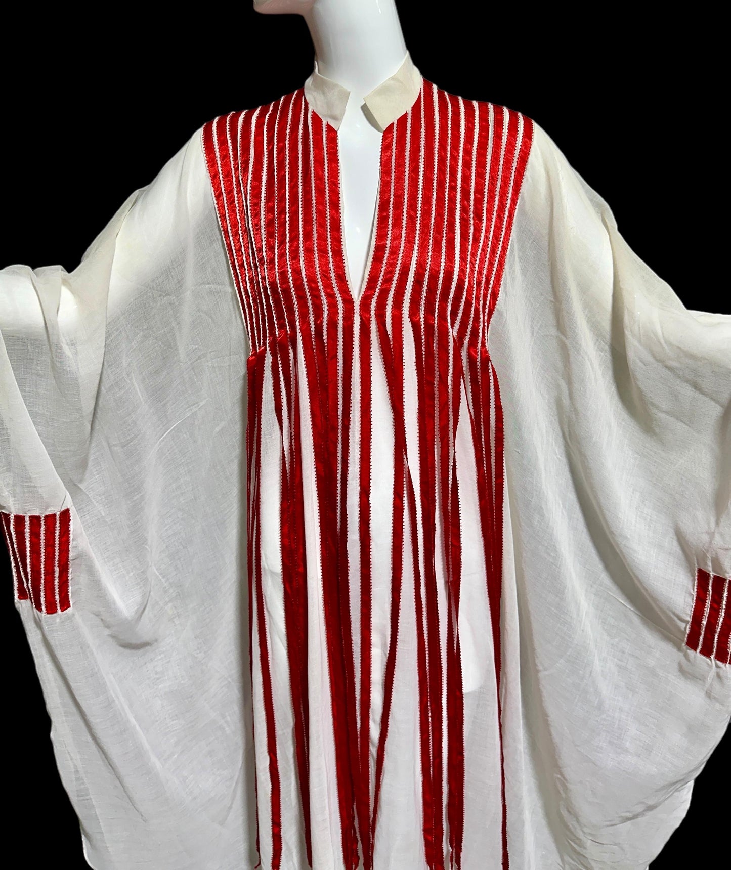 1970s Vintage white gauze caftan dress, Sheer breezy fabric with streaming red ribbons