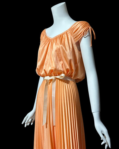 1970s vintage evening dress, peach blouson pleated jersey knit goddess gown