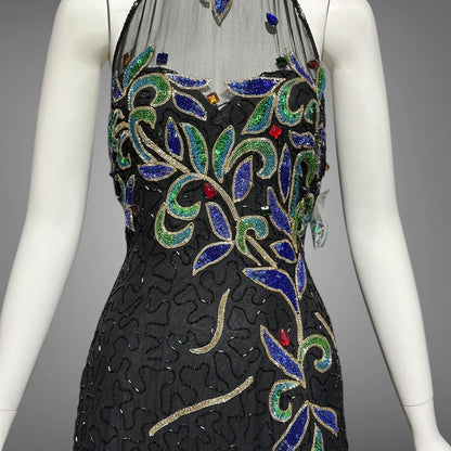 J REYNOLDS DESIGNS, vintage 1990s evening dress, Deadstock Black Beaded Halter Party slip dress