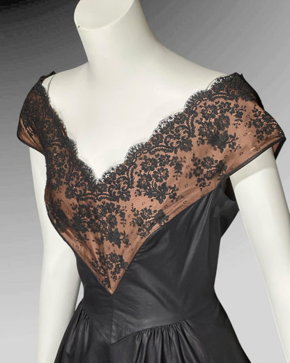 DOROTHY O'HARA, vintage 1950s dress, Black polished cotton and lace fit and flare cocktail party evening dress