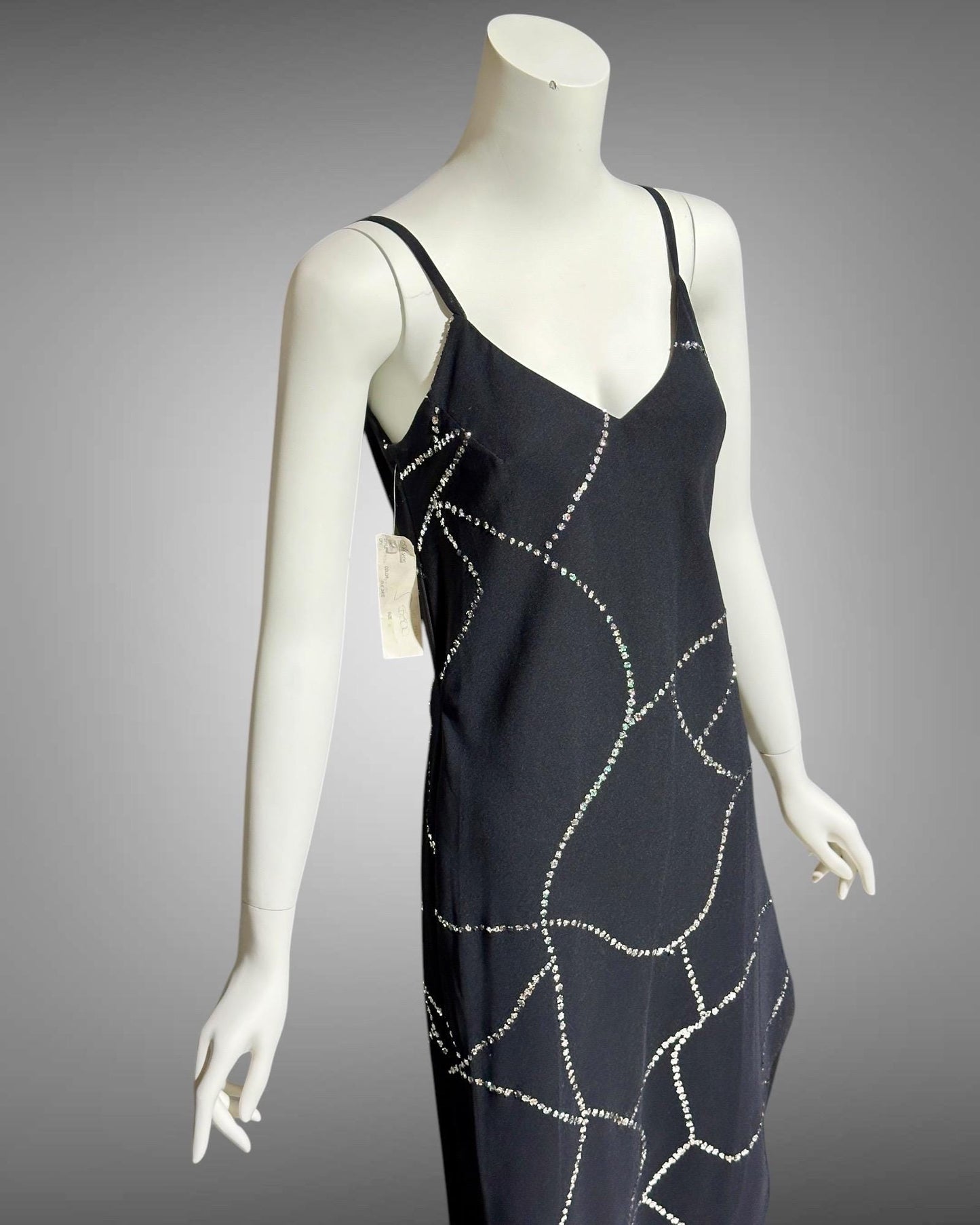 ALYCE vintage 1990s black asymmetrical sheath cocktail dress, New Old stock, silver sequins