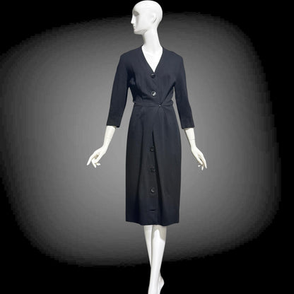TRICOSA PARIS vintage 1950s coat dress, black knit bombshell wiggle dress, button front