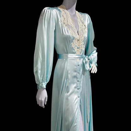 JANET REGER vintage 1970s dressing gown robe, Pure Silk ice blue 70s does 40s old hollywood button front night dress