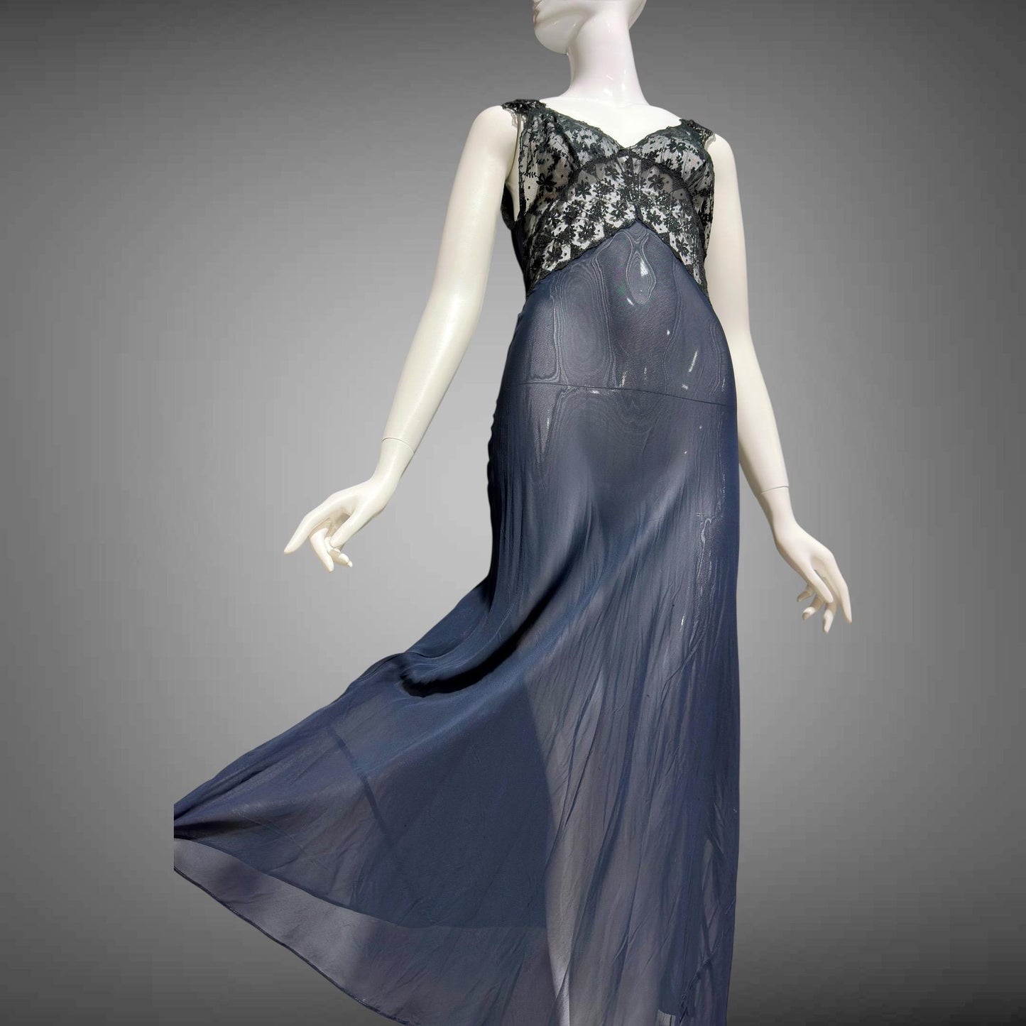 LADY DUFF, vintage 1930s Nightgown slip dress, sheer sultry black night dress, bias cut with lace