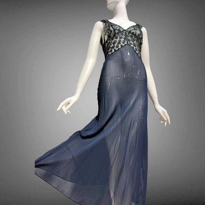 LADY DUFF, vintage 1930s Nightgown slip dress, sheer sultry black night dress, bias cut with lace