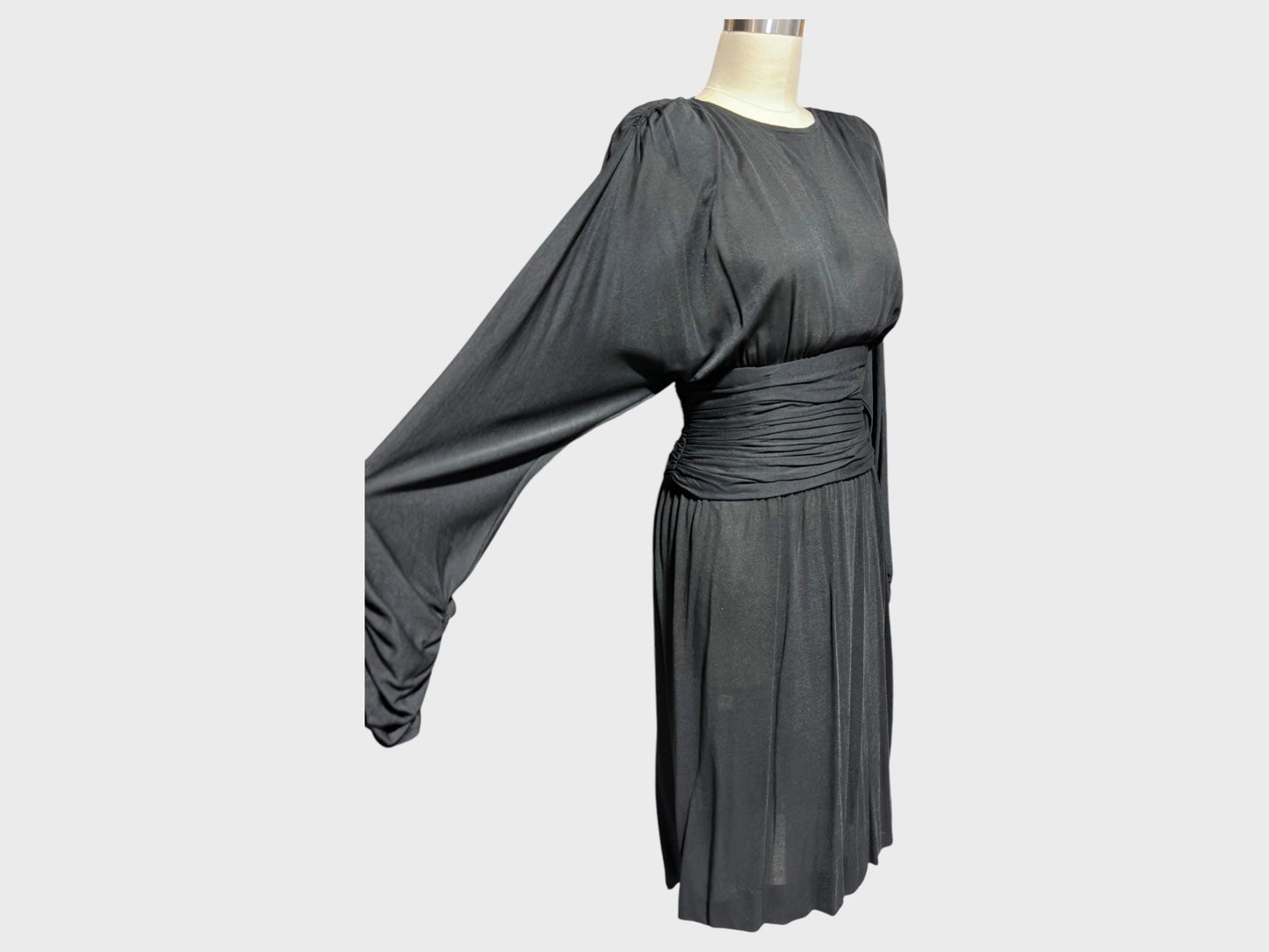 ADELE SIMPSON 1980s vintage evening dress, Sheer Black cocktail party dress, Batwing Sleeves, Keyhole Back