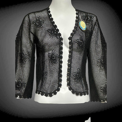 1950s vintage crochet cardigan, black 100% cotton Hand Made Shanghai cropped sweater