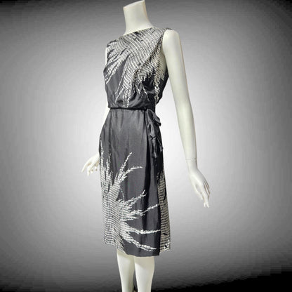 HELENA BARBIERI, vintage 1950s cocktail dress, Black and white silk wiggle dinner dress