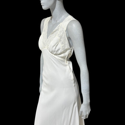 1930s vintage Nightgown slip dress, White rayon and lace bias cut night dress, full length with side snaps