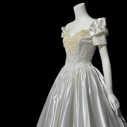 MIKE BENET, vintage 1980s evening dress, shiny white satin sequins prom wedding ball gown