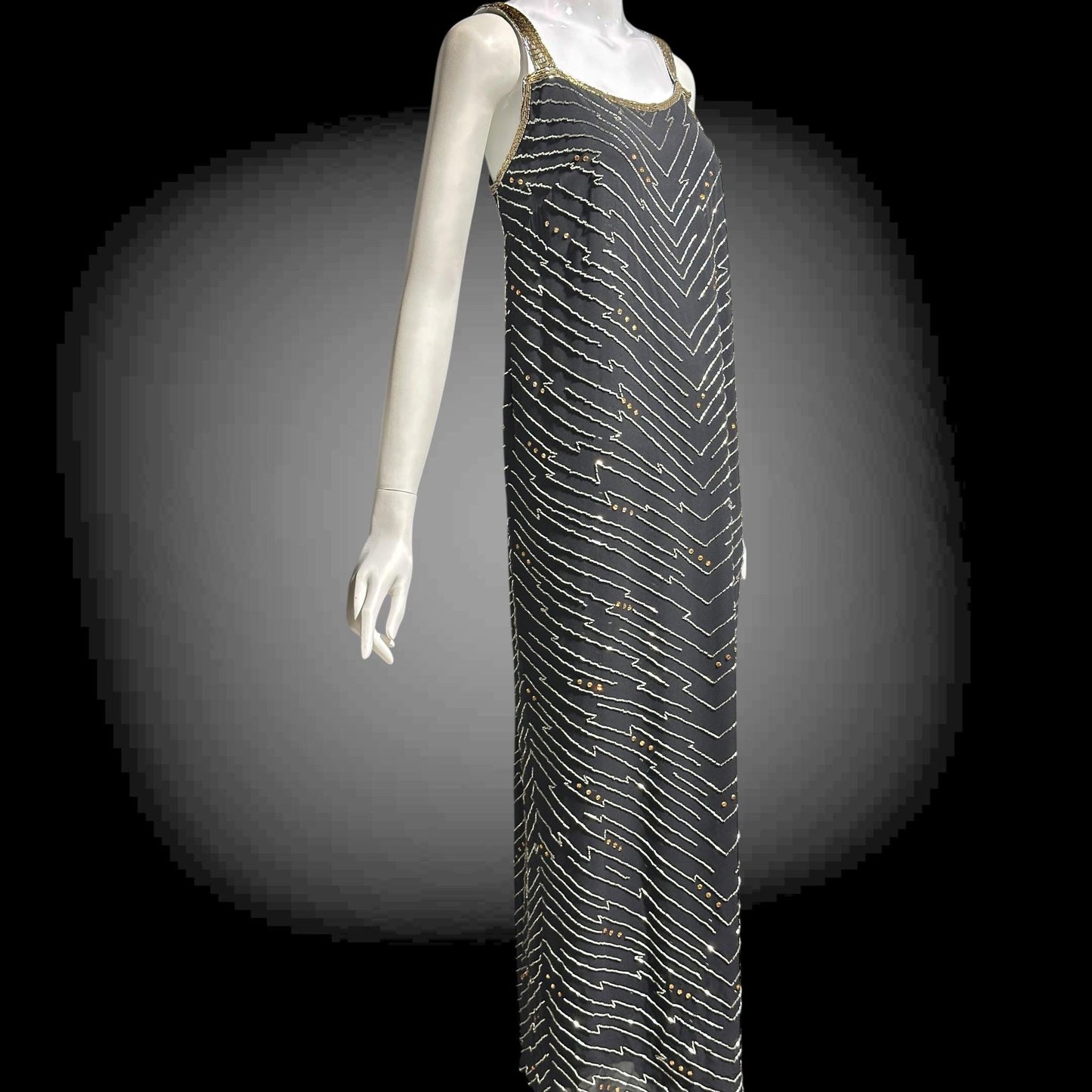 1980s Beaded Silk Sheath Gown: Vintage Black with silver and amber beading, Evening Dress