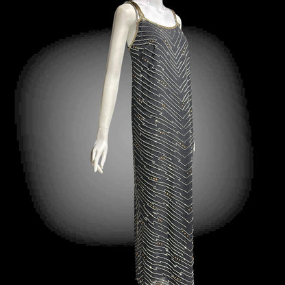 1980s Beaded Silk Sheath Gown: Vintage Black with silver and amber beading, Evening Dress