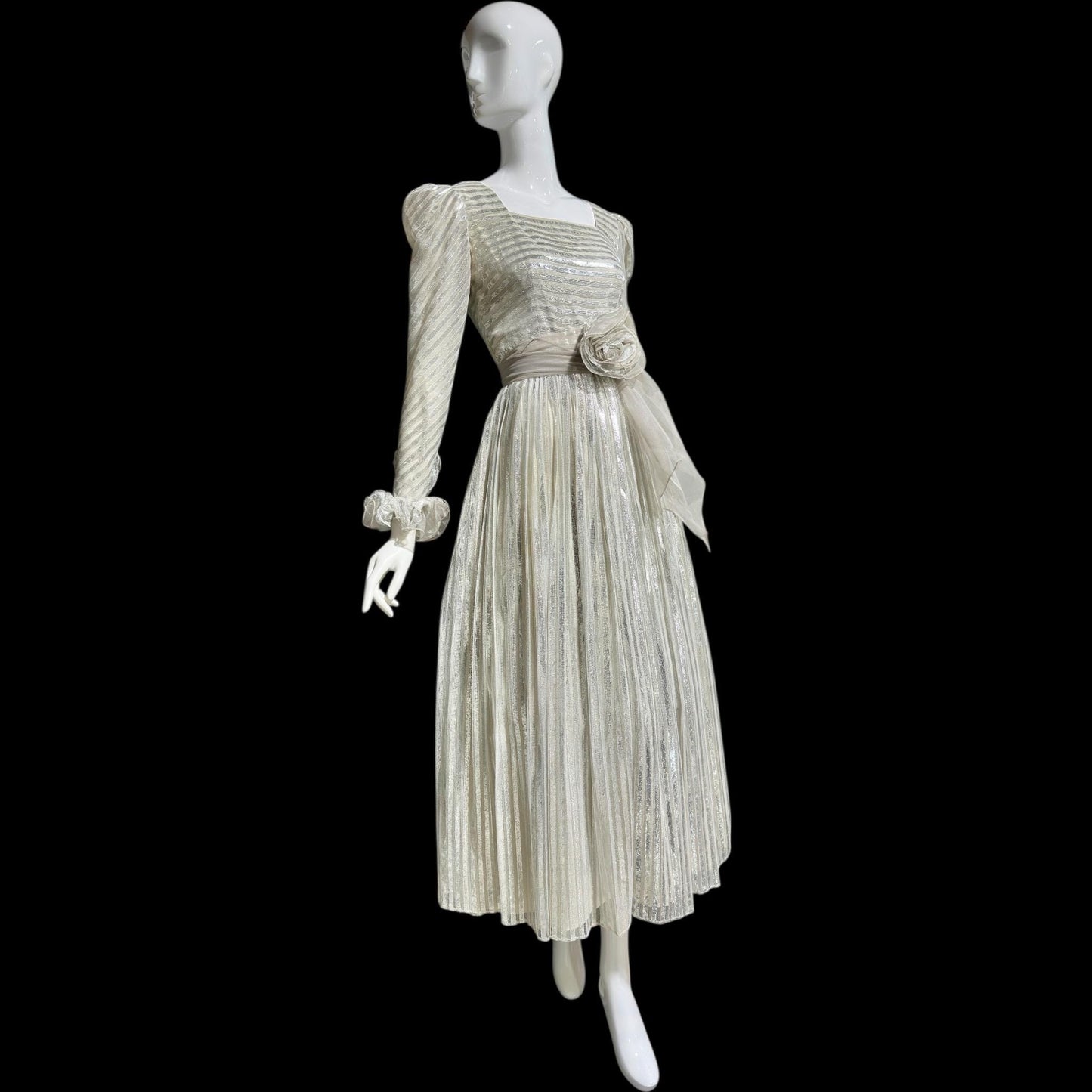 KAY KIPPS Vintage 1970s Evening Dress Gown: silver metallic gall gown long dress