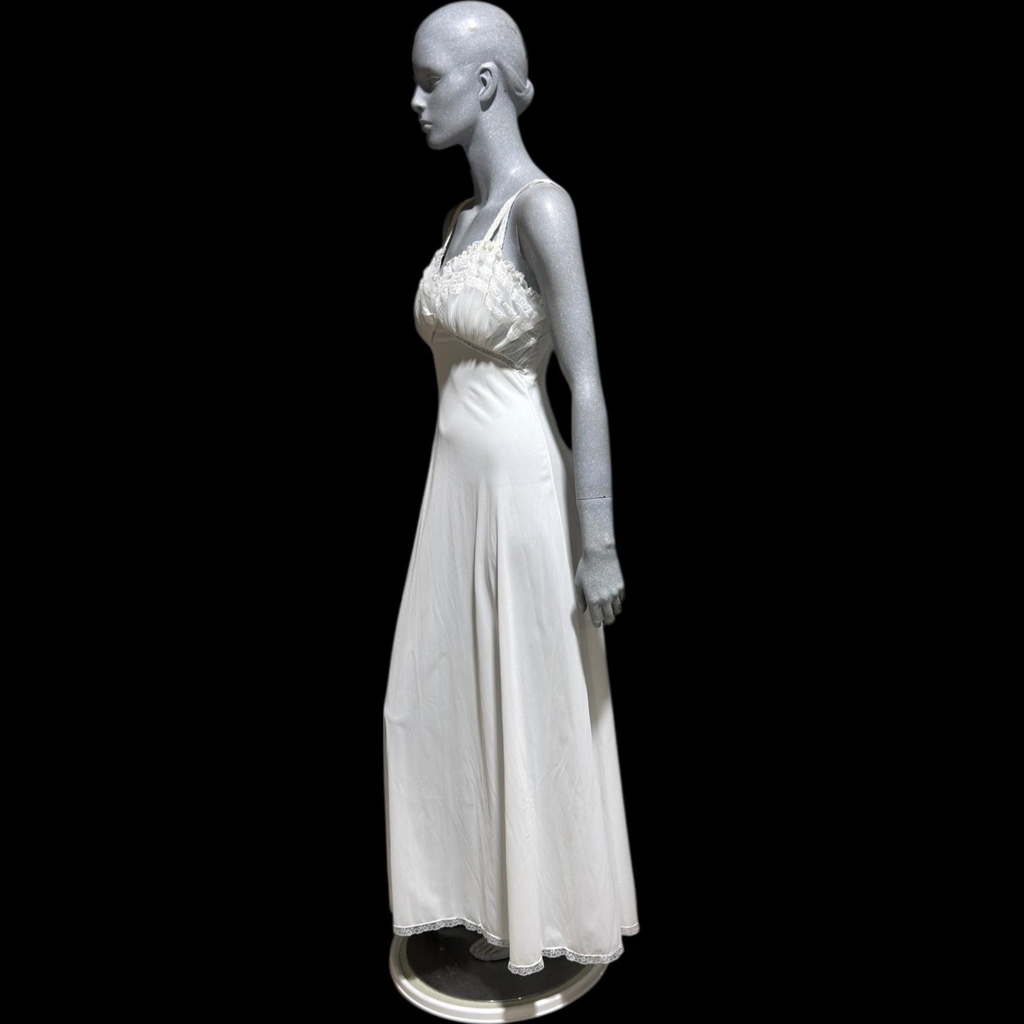 YOLANDE vintage Nightgown slip dress, 1940s white full length ruffled nylon lingerie dress