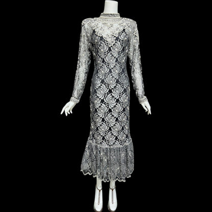 JUDITH ANN, Vintage 1980s sheer beaded dress, Black sheer mesh with beads, Hight neck with ruffle sheath cocktail party dress