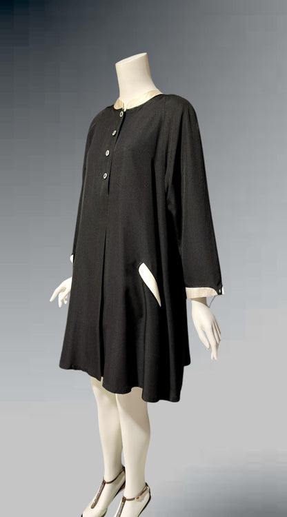 GEOFFREY BEENE, vintage 1980s cocktail party dress, Mod tent dress, black and white day dress