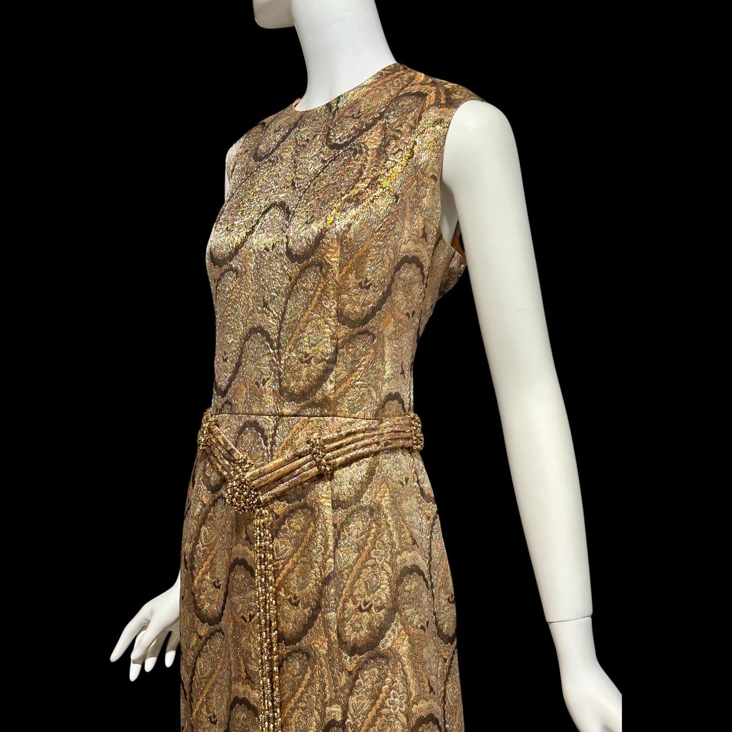 DYNASTY Vintage 1960s evening dress, TRULY SOCIAL metallic copper, gold, bronze and silver paisley gown