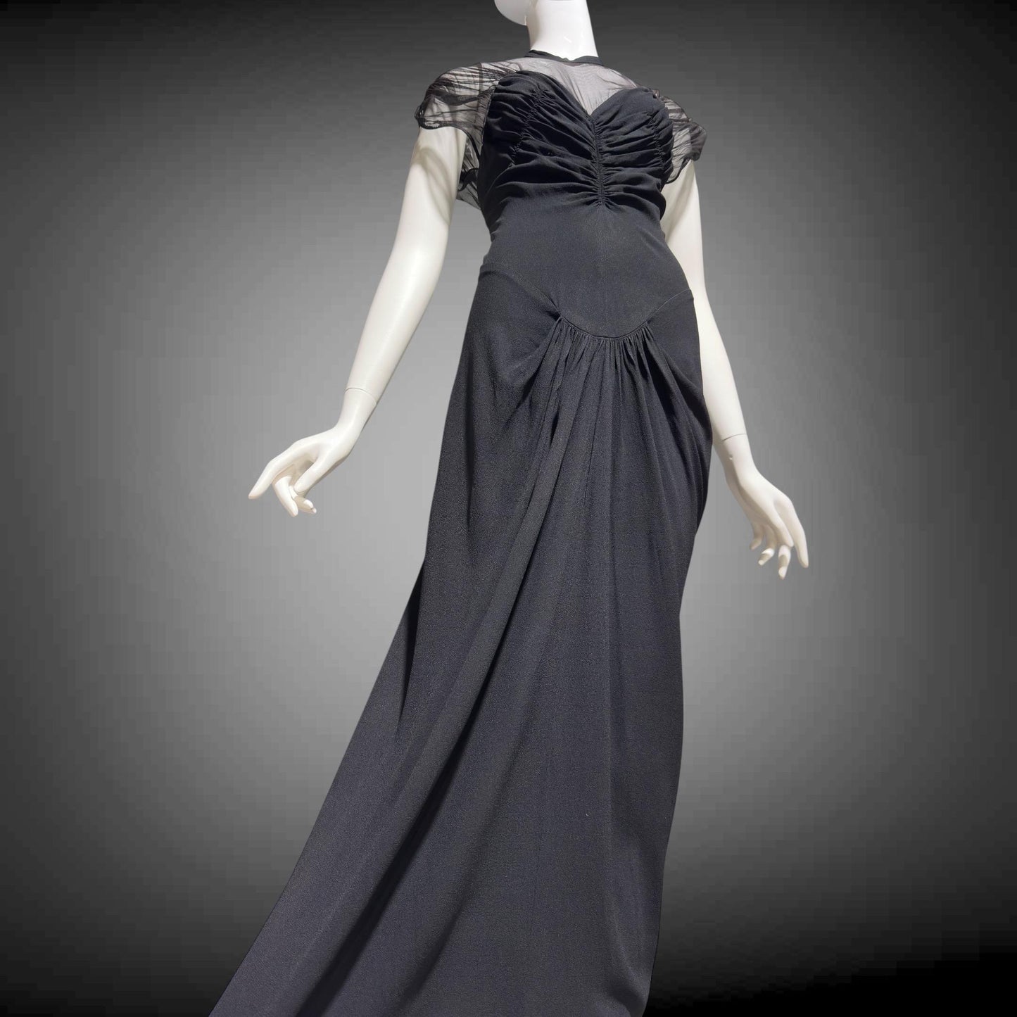 DOROTHY O'HARA vintage 1940s evening dress gown, Black crepe and mesh illusion neckline sheath gown