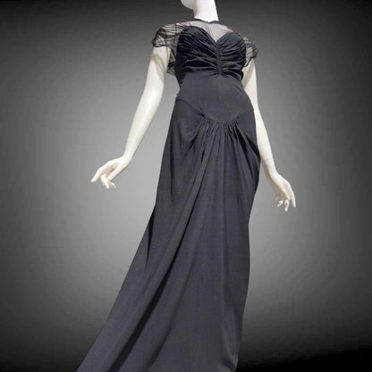 DOROTHY O'HARA vintage 1940s evening dress gown, Black crepe and mesh illusion neckline sheath gown