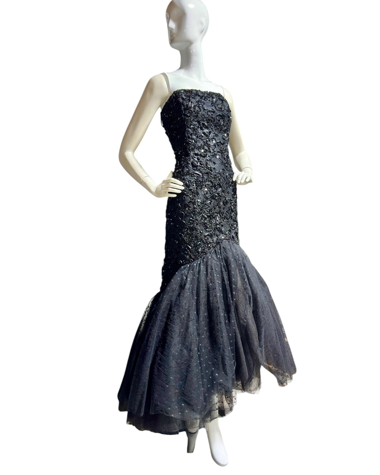 DAVID FIELDEN, vintage evening dress gown, 1980s Neiman Marcus, Black Mermaid sequin gown, Strapless