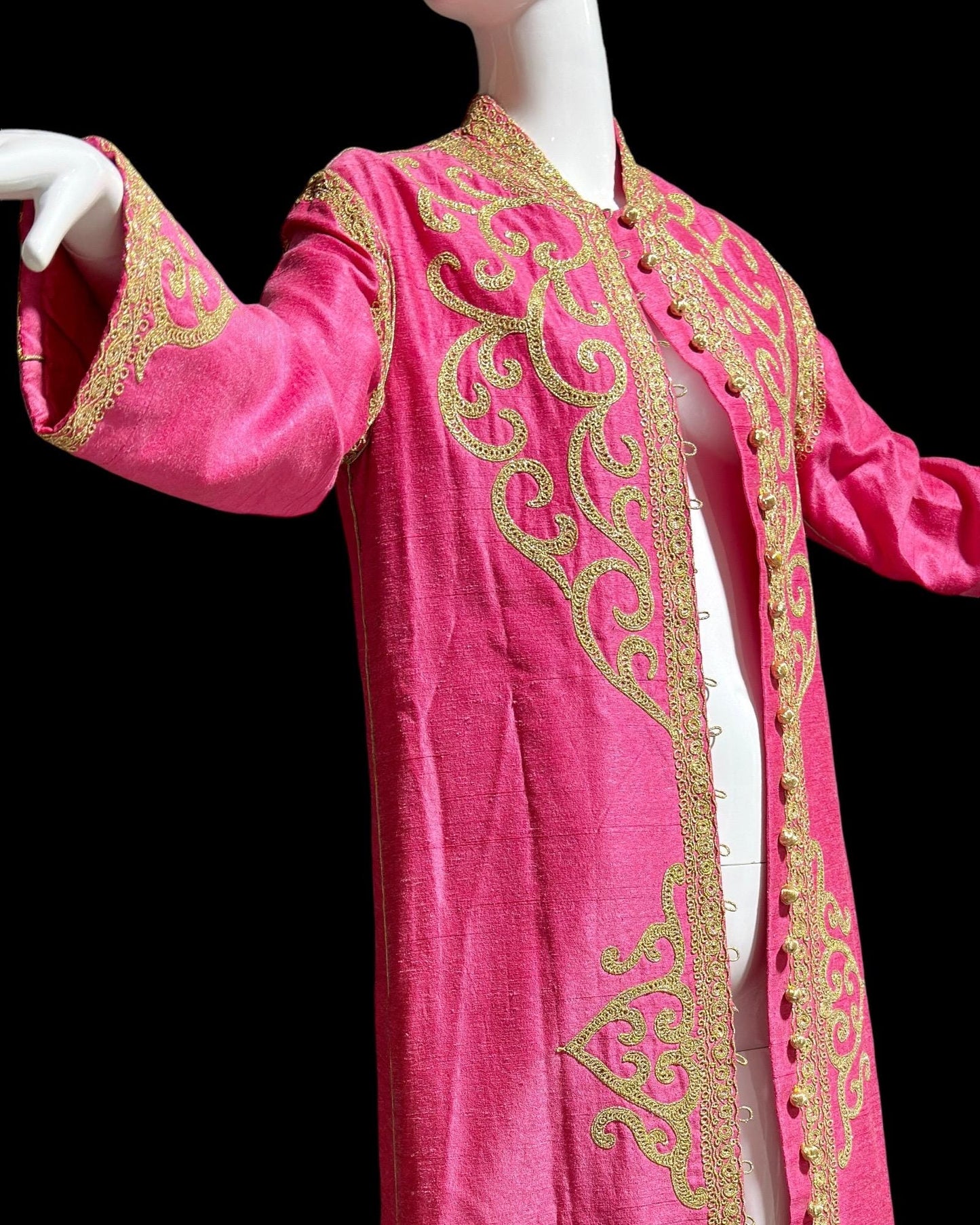 MOURJANA vintage 1960s raw silk Moroccan caftan dress, Hand Made Hot Pink and gold metallic embroidered Kaftan