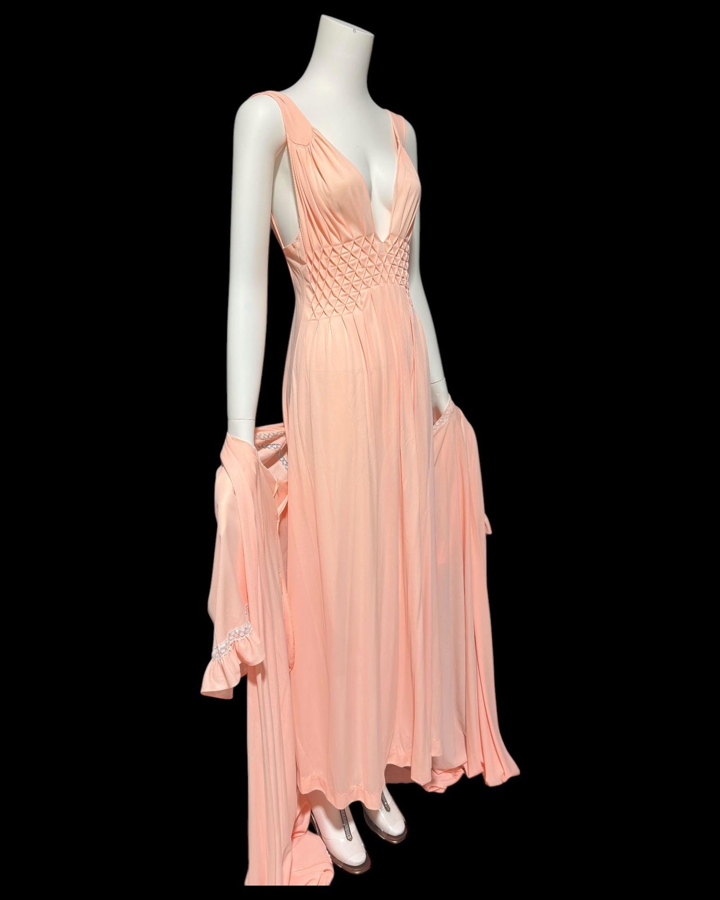 BLANCH by Ralph Montenero, Lord & Taylor, 1960s vintage peachy pink nightgown slip dress and dressing gown,   peignoir set