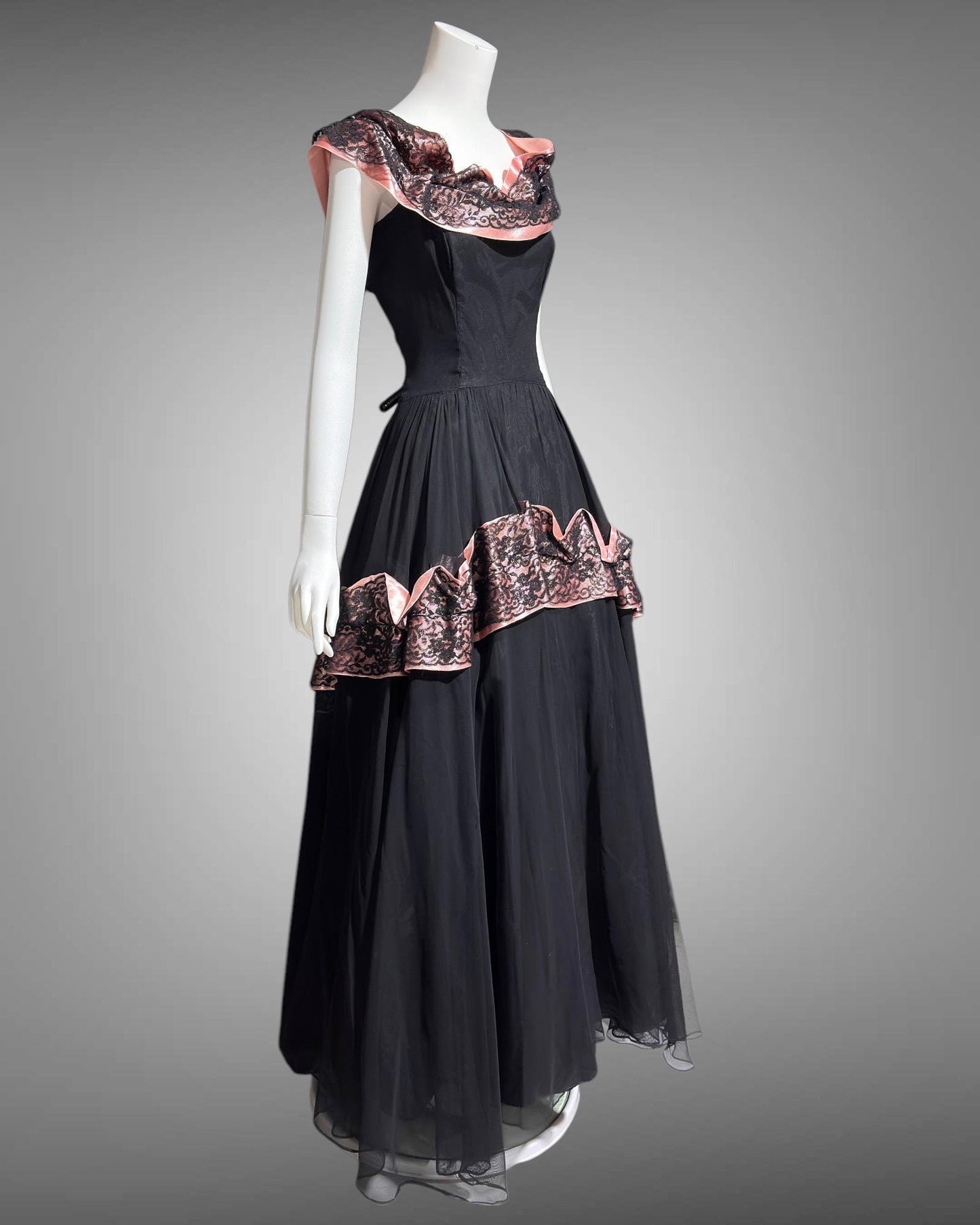 1940s vintage evening dress gown, Black mesh and pink Satin ball gown