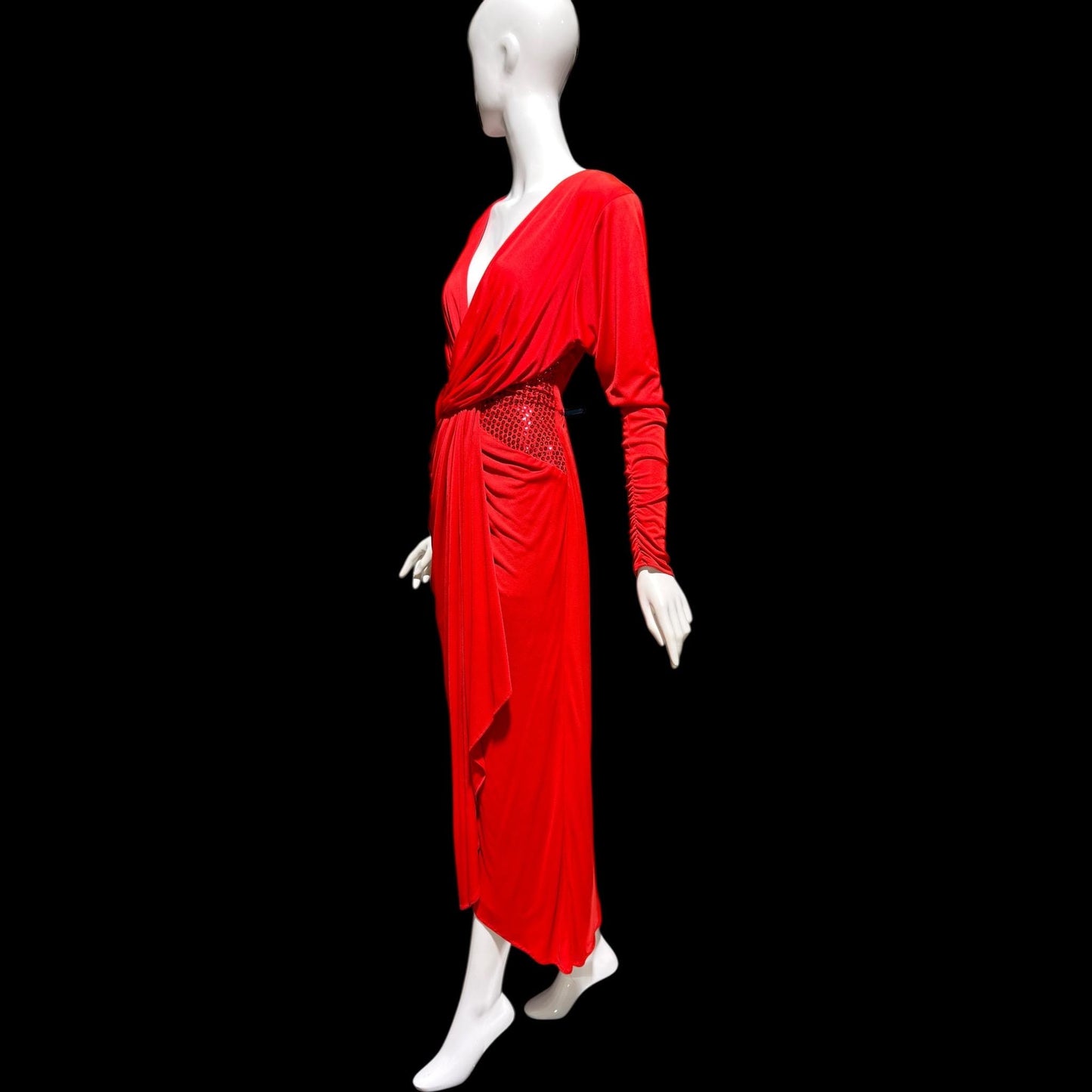TADASHI Vintage evening dress gown, 1980s glam red sequin sarong gown
