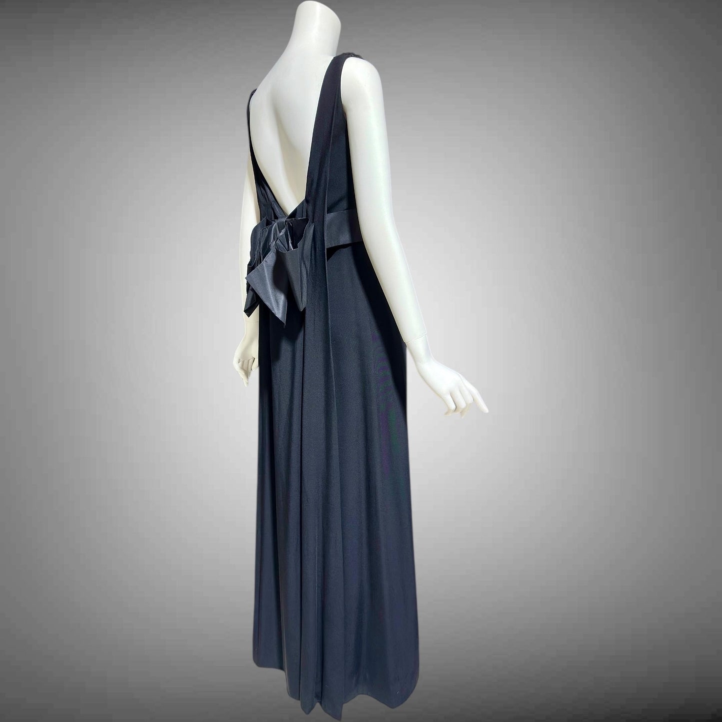 CAMEO vintage 1960s evening dress gown, black formal dress, backless watteau back