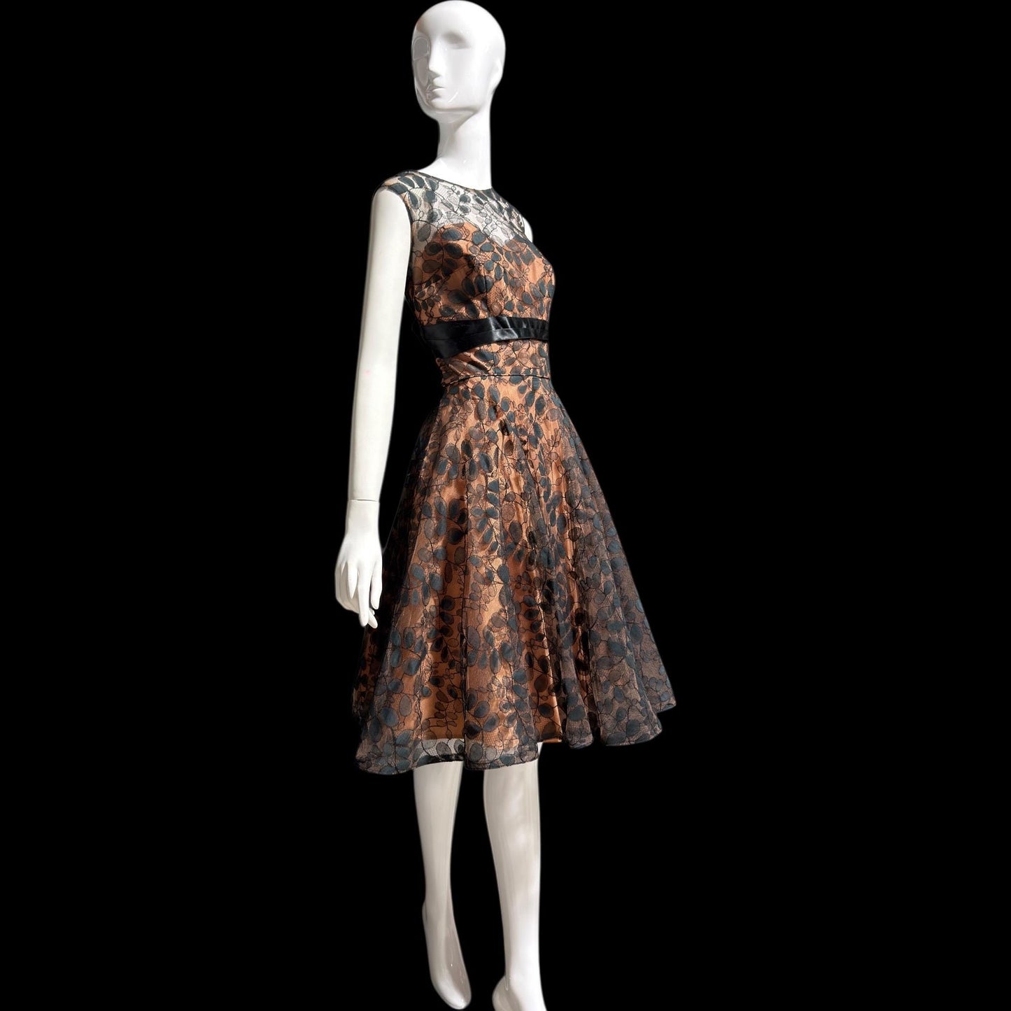 1950s vintage evening party dress, black lace fit flare cocktail dress, Medium