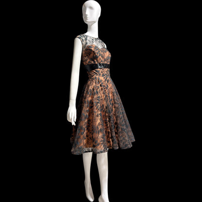 1950s vintage evening party dress, black lace fit flare cocktail dress, Medium