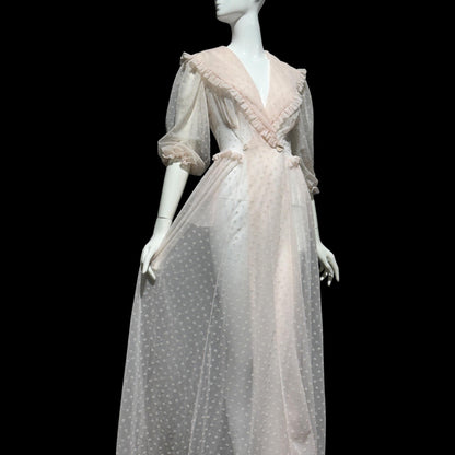 VANITY FAIR, 1940s Sheer Dressing Gown: Vintage Pink Flocked Robe, Wrap front