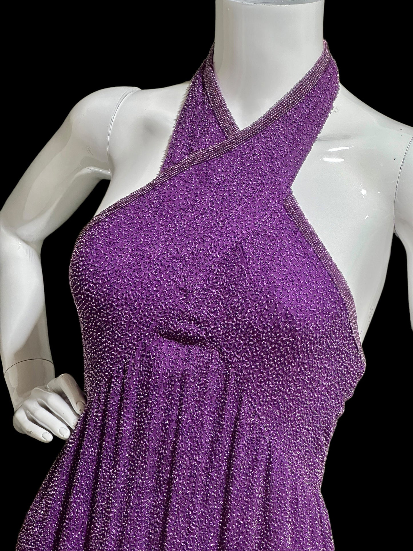 JEET vintage evening gown, Purple Beaded Silk Sheath gown, Halter slip dress