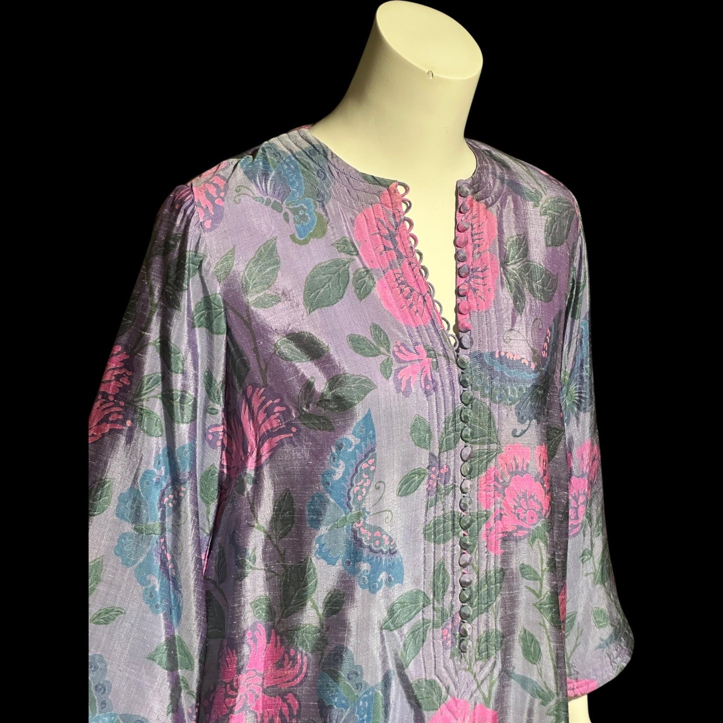 JIM THOMPSON, vintage 1960s Thai Silk caftan maxi dress, dusty blue flowers butterflies Hippie Boho Kaftan